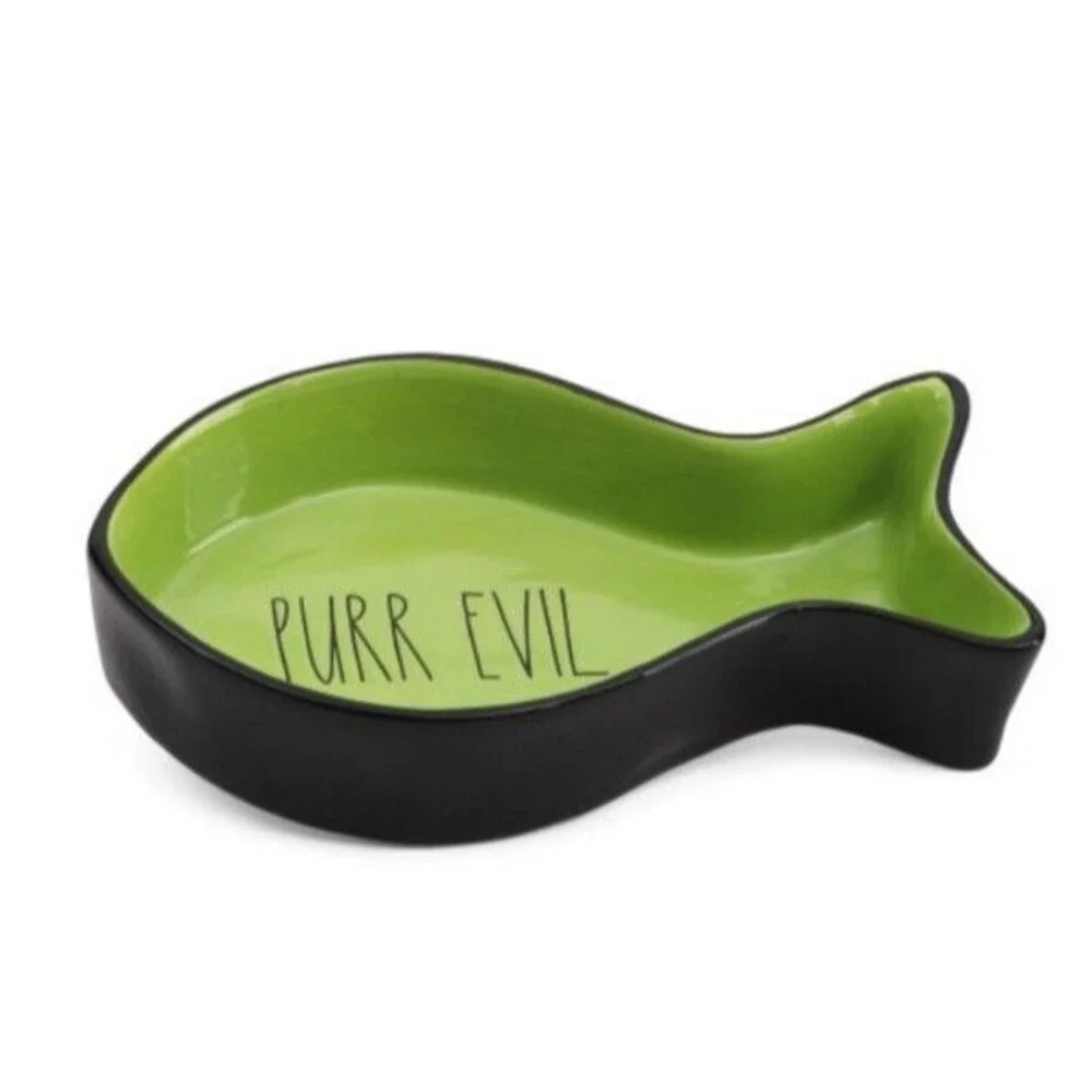 Rae Dunn “Purr Evil” Halloween Fish Shaped Cat Dish Bowl Green & Black